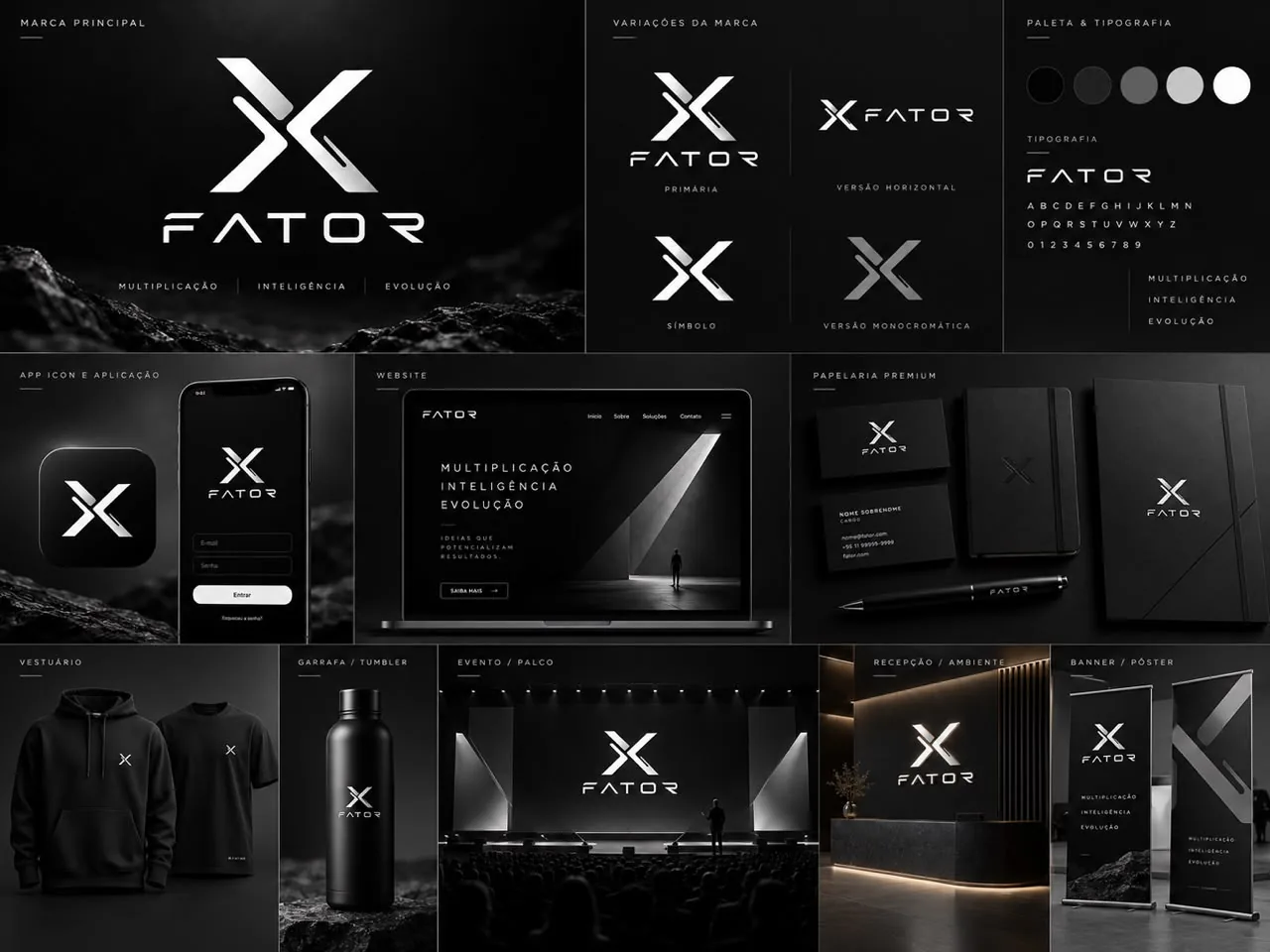 Brandbook da FATOR feito pelos heads: marca, variações, paleta, site, papelaria, vestuário e palco
